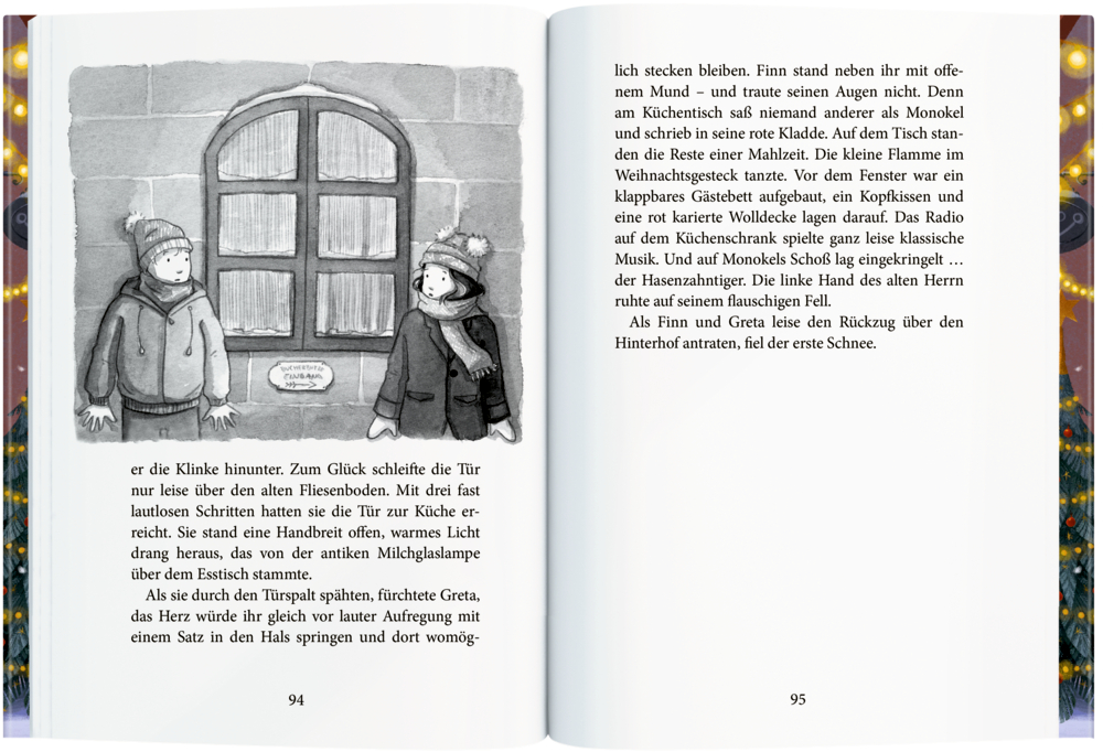 Buchinnenabbildung mit Text und zwei Kindern in Winterbekleidung vor einem Fenster.