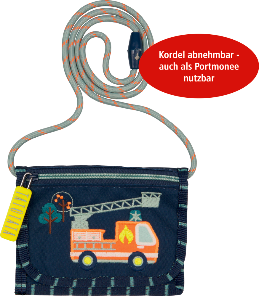 Kindergeldbörse mit Feuerwehrauto-Motiv und abnehmbarer Kordel. Text erklärt, dass die Kordel abnehmbar ist.