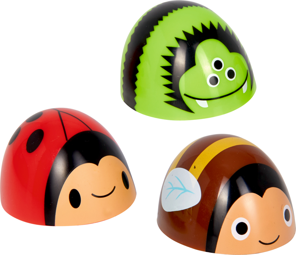 Wackel-Tier - Bunte Geschenke Drei bunte Spielzeugfiguren mit süßen Gesichtern: ein Marienkäfer, ein grünes Monster und eine Biene mit Flügel.