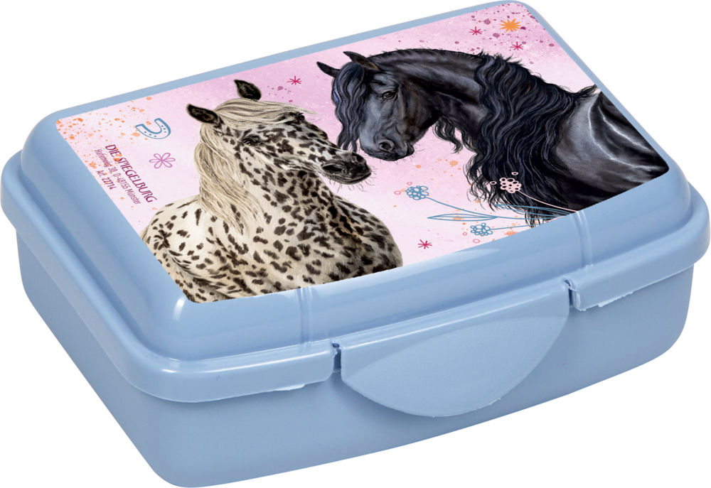 Kleine hellblaue Lunchbox mit gefleckten und schwarzen Pferden auf dem Deckel, umgeben von rosa Blumen.