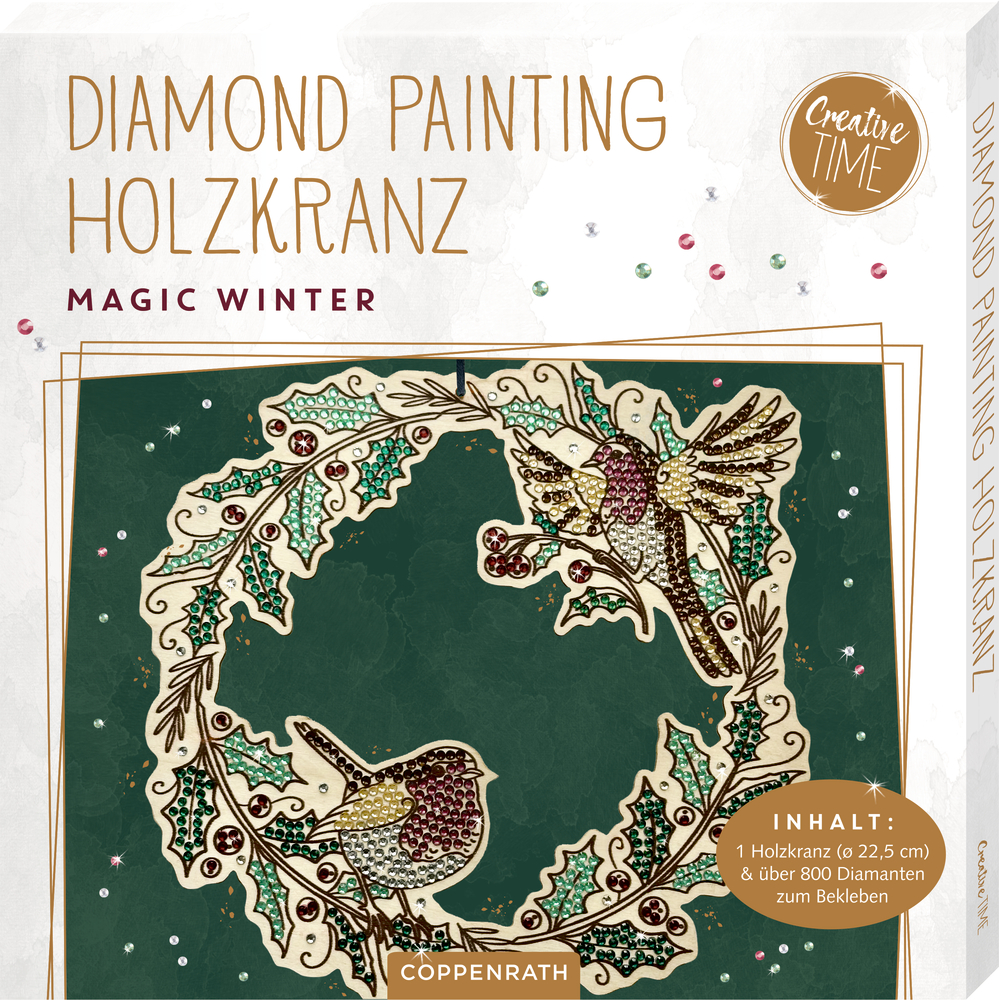 Diamand-Paintig-Box mit einem Holzkranz mit zwei Vögeln, geschmückt mit Edelsteinen und festlichen Farben.
