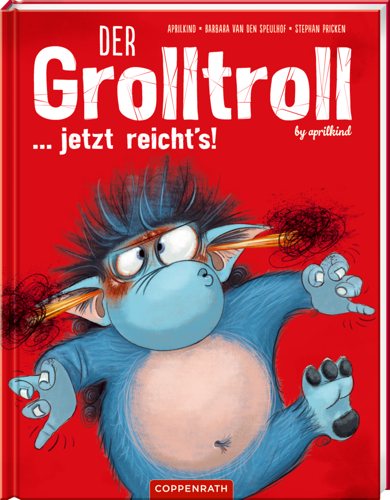 Der Grolltroll ... jetzt reicht's! (Bd.6) Blauer, wütender Troll mit wilden Haaren auf einem roten Buchcover mit dem Titel „Der Grolltroll ... jetzt reichts!“.