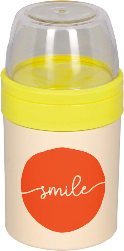 Ein cremefarbener Behälter mit gelbem Deckel, durchsichtigem Aufsatz und "smile" auf orangefarbenem Kreis.