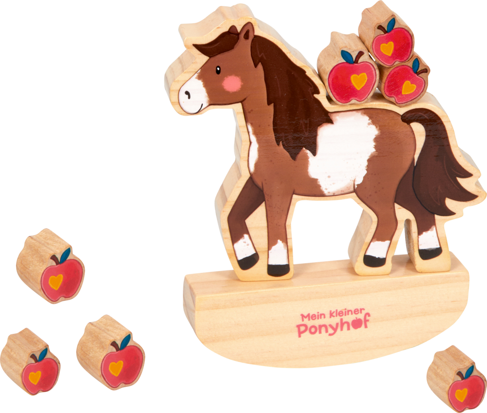 Stapelspiel Pony - Mein kleiner Ponyhof Holzspielzeugpferd mit bemaltem Gesicht und fünf auf dem Rücken gestapelten roten Apfelstücken, vor einem weißen Hintergrund.