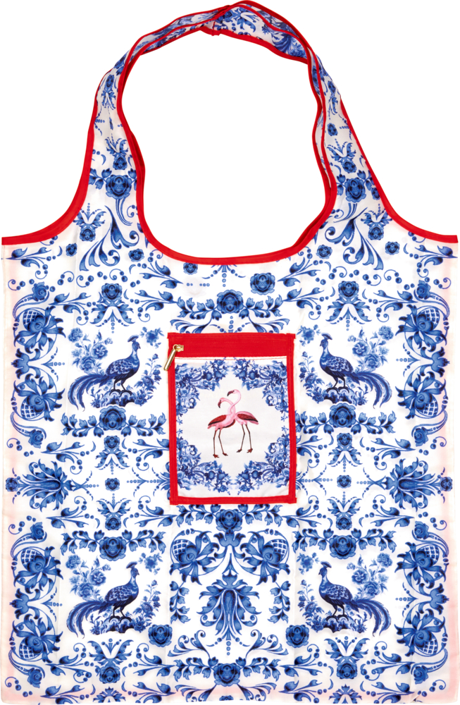 Wiederverwendbare Tasche mit blauem Blumenmuster und Pfauen, rotem Rand und einem aufgenähten Täschchen mit zwei Flamingos.