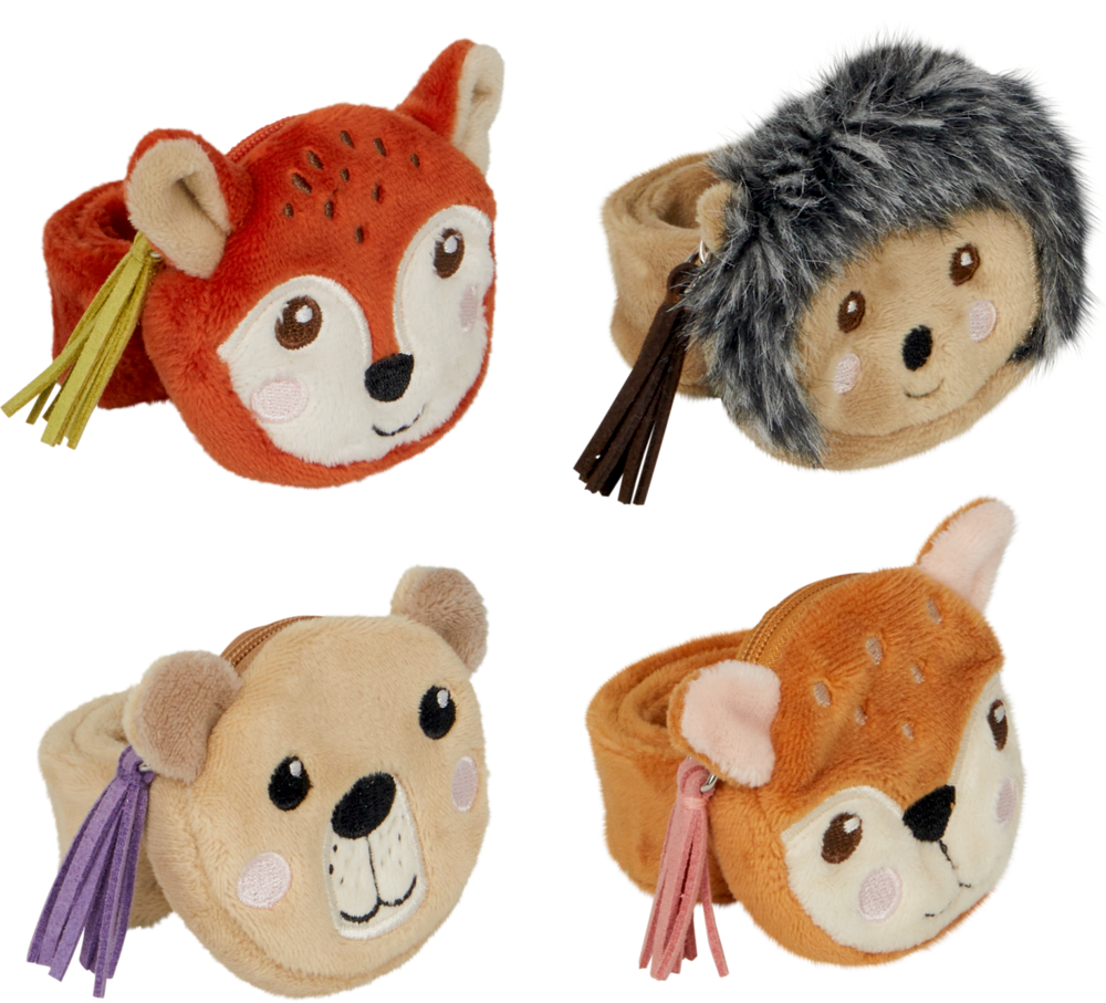 4 Plüschtaschen mit Tiergesichtern fürs Handgelenk – Fuchs, Igel, Bär, Reh – jede mit einem Reißverschluss und bunter Quaste.