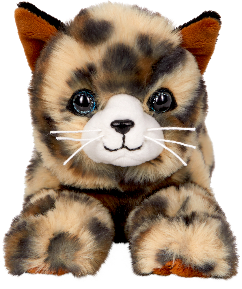Plüschkatze mit braun-schwarz-cremefarbenem Fell, großen Augen und weißen Schnurrhaaren, frontale Ansicht.