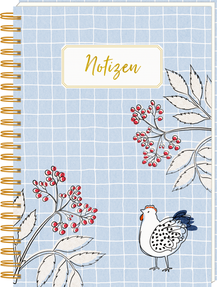 Spiralnotizbuch mit „Notizen“ auf dem Cover. Huhn, Blätter und rote Beeren auf blauem Gitterhintergrund.
