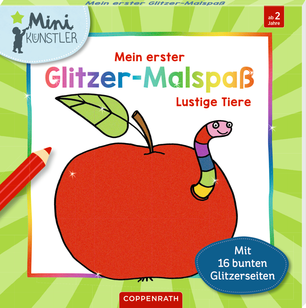 Mein 1. Glitzer-Malspaß - Lustige Tiere (Mini-Künstler) Cover eines Kinder-Malbuchs auf dem ein Apfel mit einem lächelnden, bunten Wurm auf grünem Hintergrund abgebildet ist.