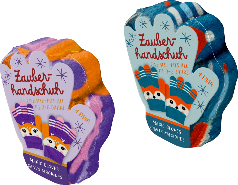 Zwei Packungen Zauberhandschuhe, jeweils mit einer Cartoon-Handschuh-Illustration auf der Verpackung.