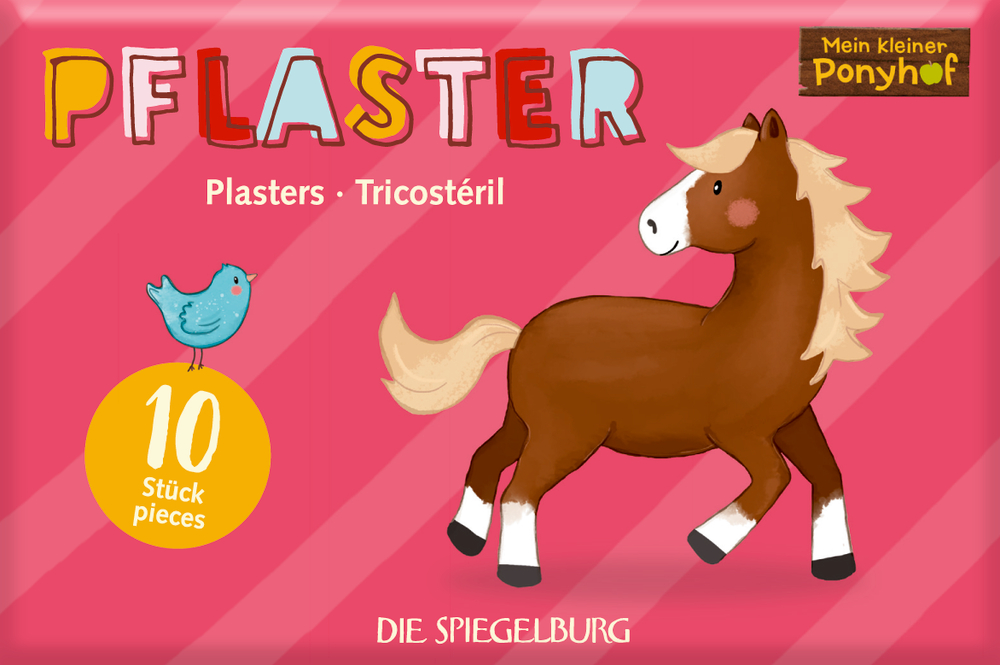 Pflasterstrips (10 St.) - Mein kleiner Ponyhof Rechteckiges, pinkfarbenes Objekt mit braunem Pony und blauem Vogel im Cartoon-Stil. Dazu die Aufschrift „Pflaster“.