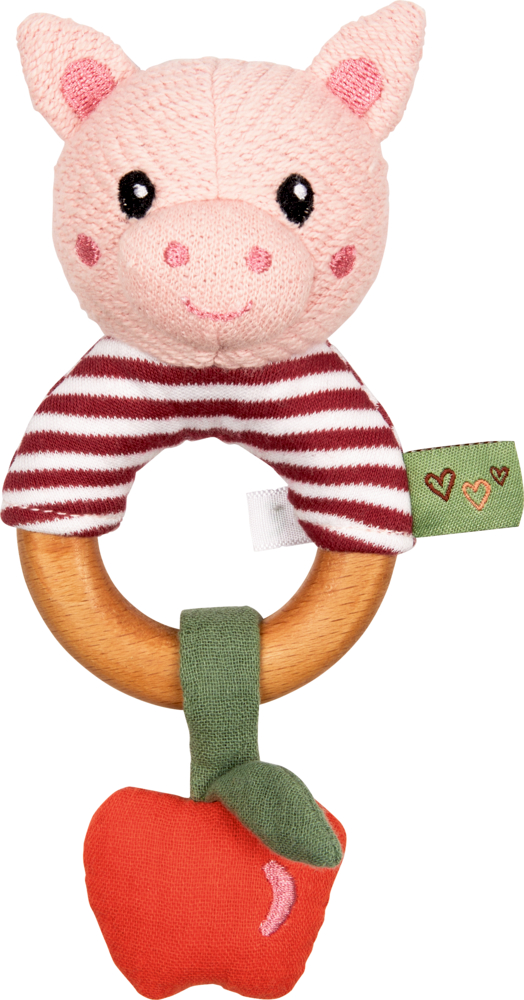 Holz-Ringrassel Schwein - Little Wonder Plüsch-Ferkelkopf mit gestreiftem Körper, Holzring und rotem Apfel-Anhänger am unteren Ende.