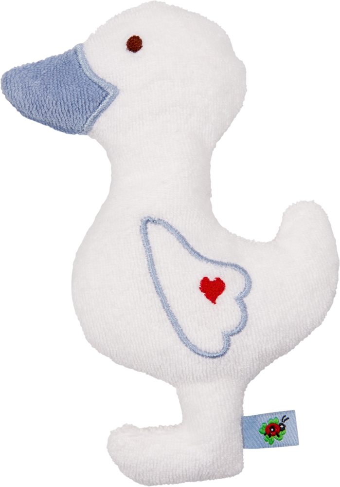 Plüschiges weißes Entenspielzeug mit blauem Schnabel und rotem Herzen auf dem Flügel.