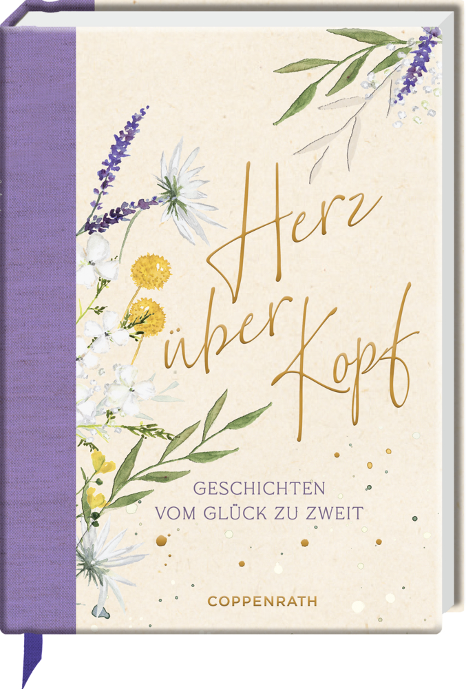 LeseLiebe: Herz über Kopf Cover von "Herz über Kopf – Geschichten vom Glück zu zweit" mit Lilanem Buchrücken und blumigen Design von Coppenrath.