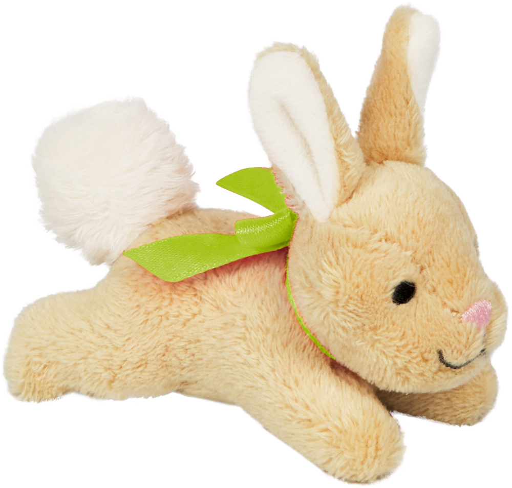 Plüschhase mit grünem Band am Hals.