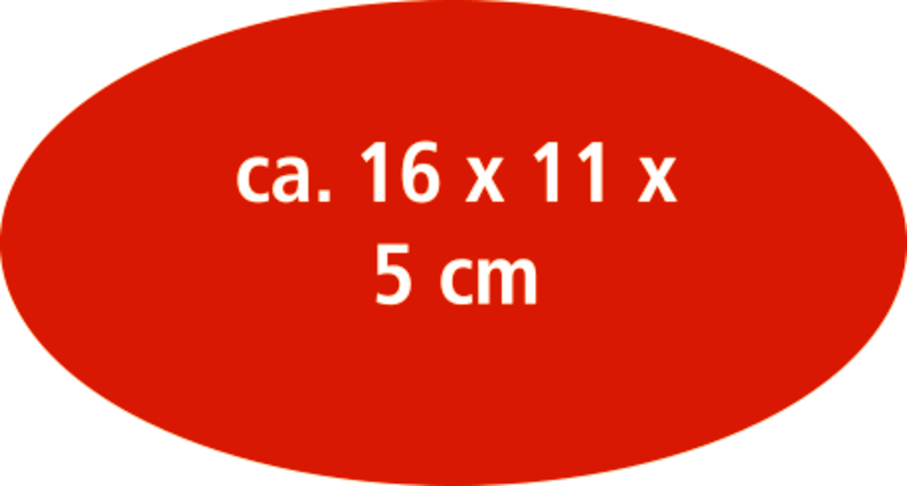 Rotes Oval mit weißer Schrift ca. 16 x 11 x 5 cm in der Mitte.