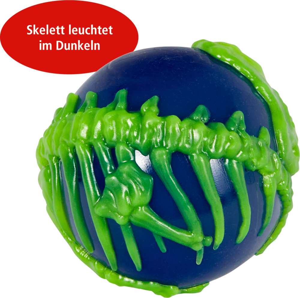 Blauer Ball mit grünem, im Dunkeln leuchtendem Skelettdesign und deutschem Text, der besagt, dass er im Dunkeln leuchtet.