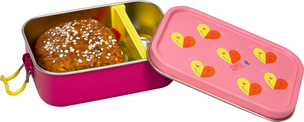 Rosa Lunchbox, Deckel geöffnet. Ein Brötchen darin. Auf dem Deckel lächeln bunte Herzen.