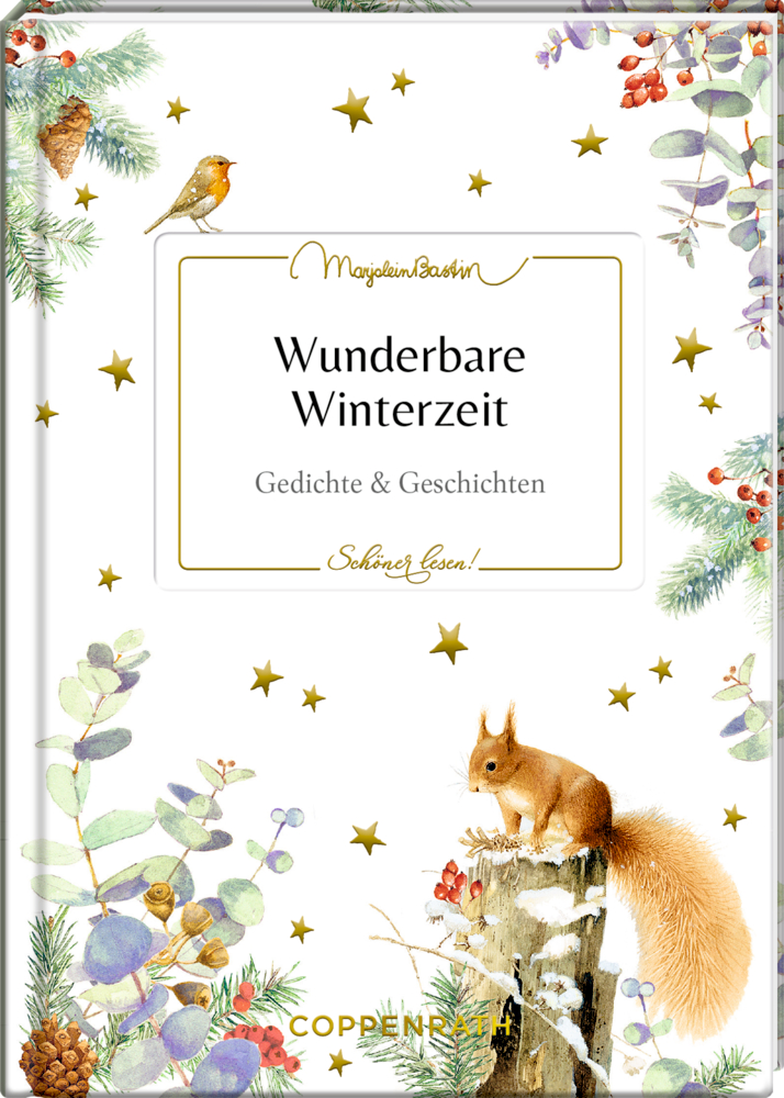Schöner lesen! No. 57: Wunderbare Winterzeit (M. Bastin) Buchcover: Winterpflanzen, Rotkehlchen, Eichhörnchen, goldene Sterne; Titel: „Wunderbare Winterzeit“.