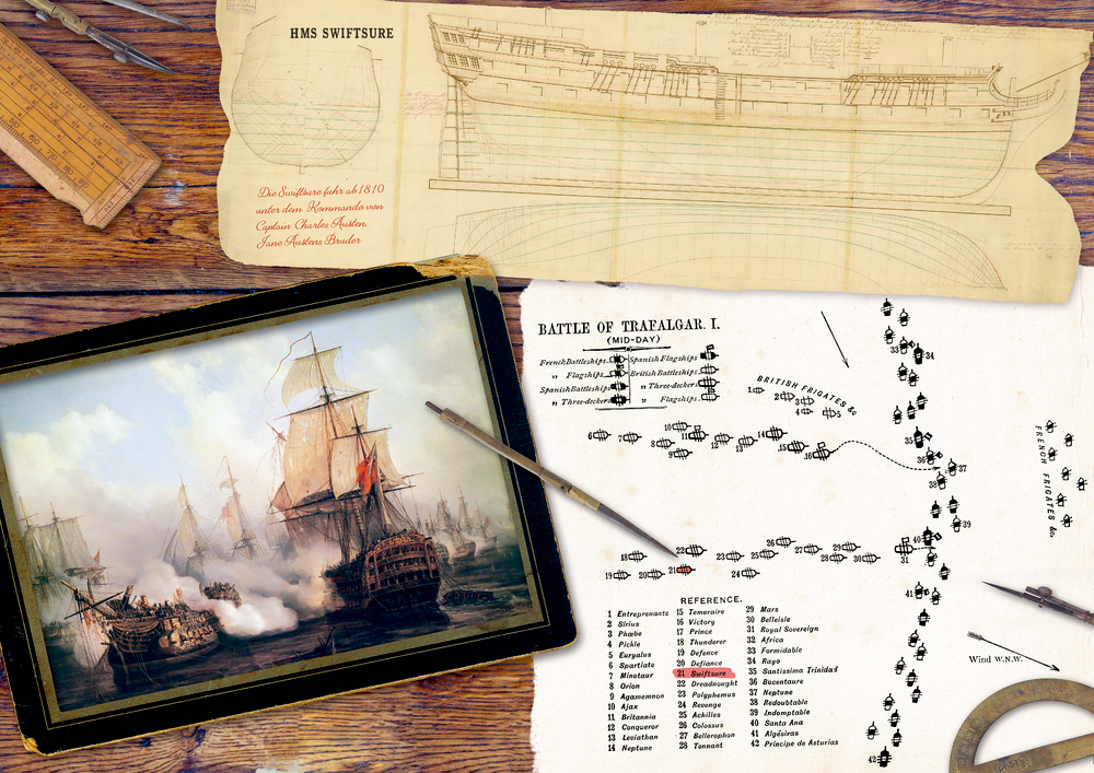 Beilage auf der ein Schreibtisch mit Schiffsplan, Seekarte, Lineal, Zirkel und Gemälde einer Seeschlacht abgebildet wird.