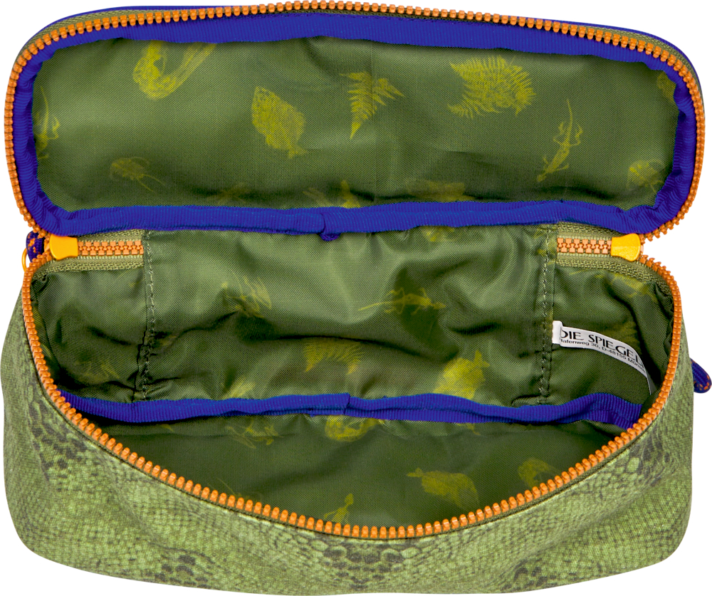 Grünes Stifte-Etui mit Reißverschluss, orangefarbenem Zipper, blauer Umrandung und Blattmuster im Innenfutter.