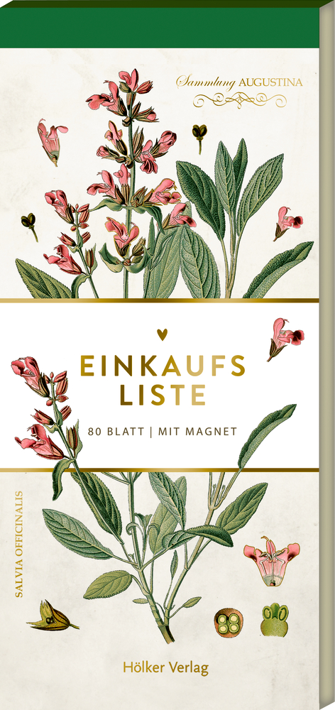 Einkaufsliste - Wildkräuter (Küchenpapeterie/AUGUSTINA) Einkaufsliste-Notizblock mit botanischen Illustrationen von rosa Blumen und grünen Blättern, auf Deutsch beschriftet.