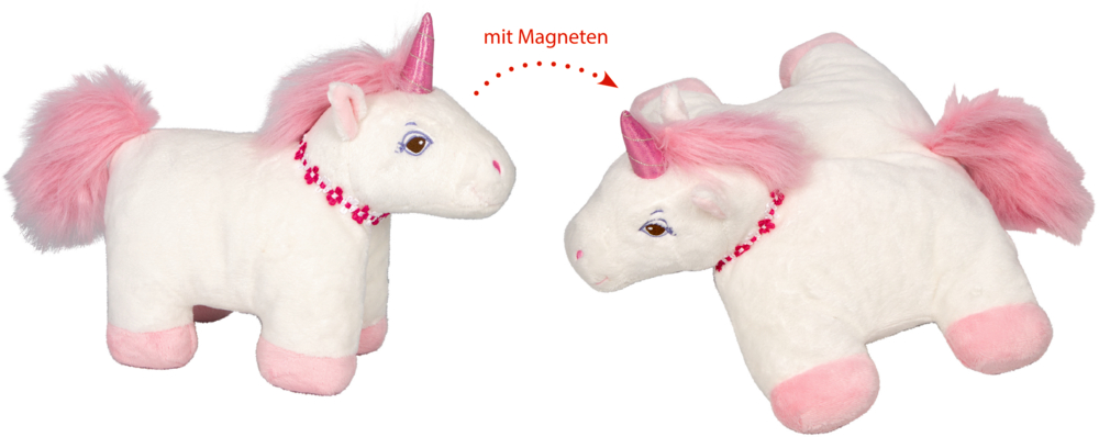 Zwei weiße Plüsch-Einhörner mit pinken Mähnen, eines stehend, eines liegend. Text: mit Magneten.
