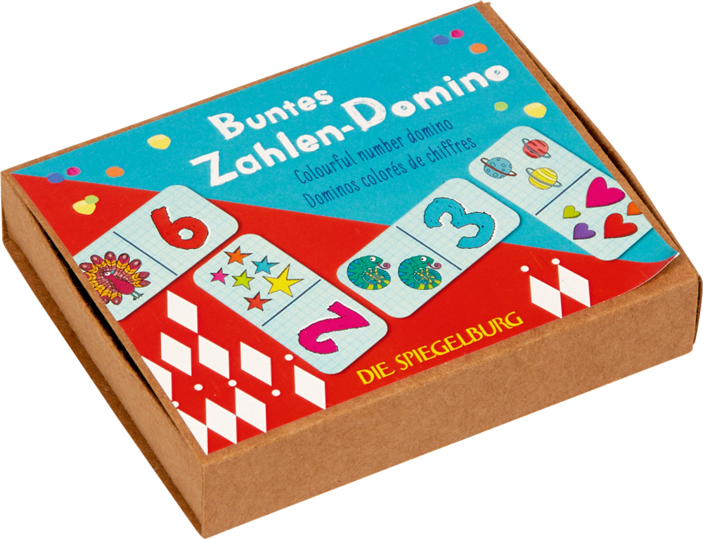 Buntes Zahlen-Domino - Bunte Geschenke Eine farbenfrohe Pappbox mit nummerierten Dominosteinen und fröhlichen, verspielten Illustrationen.