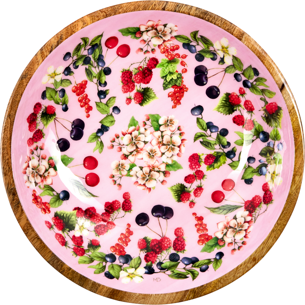Eine runde Schale mit rosa Innenfläche und verziert mit Blumen und Beeren von oben.