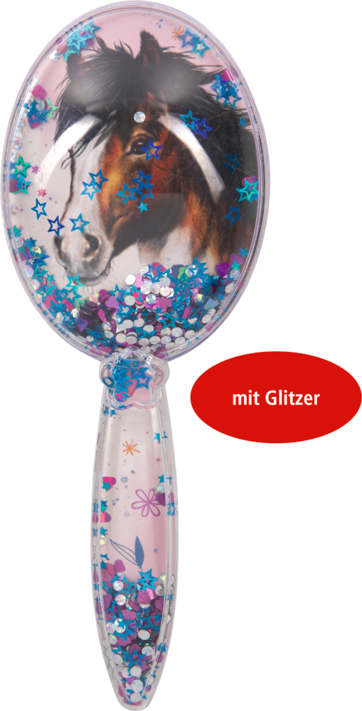 Haarbürste aus Kunststoff mit Pferdemotiv, blauem Stern, rosa Glitzer innen und „mit Glitzer“ in einem roten Oval.