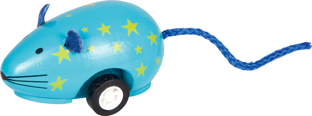 Blaue Holz-Spielzeugmaus mit gelben Sternen, blauen Ohren, blauem Schwanz und schwarzen Rädern statt Beinen.