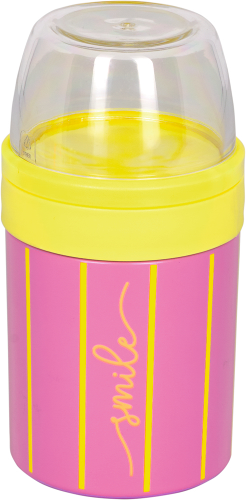 Rosa und gelber Lunchpot mit Klardeckel, auf der Seite steht Smile senkrecht.