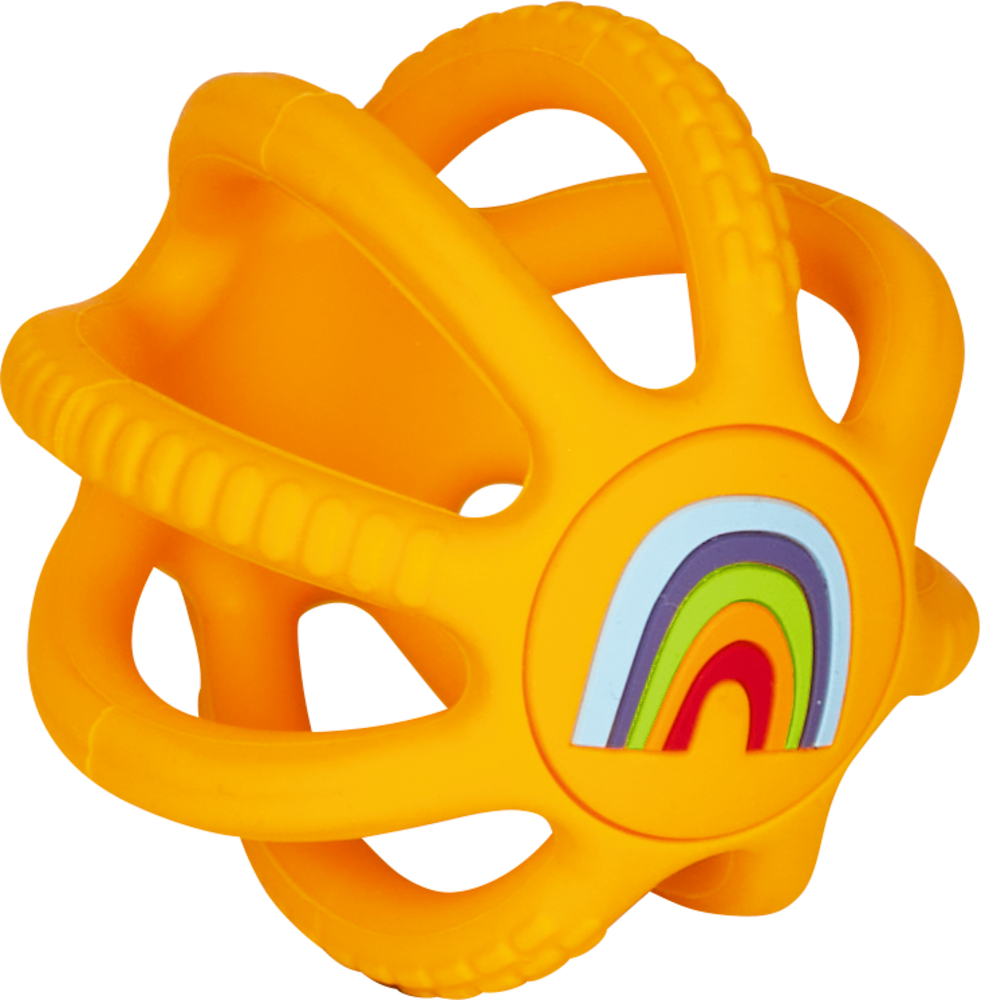 Silikon-Greifball Regenbogen - BabyGlück Orangefarbener Baby-Spielball aus Gummi mit offenen Seiten und einem bunten Regenbogendesign auf einer Seite.