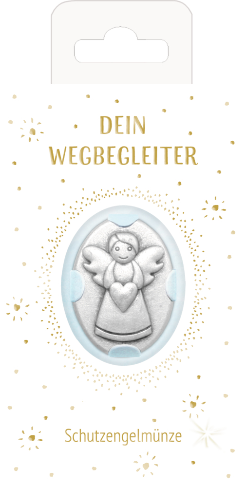 Silbermünze mit einem Engel, gold beschriftet mit „Dein Wegbegleiter“ oben und „Schutzengelmünze“ unten auf weißem Grund.