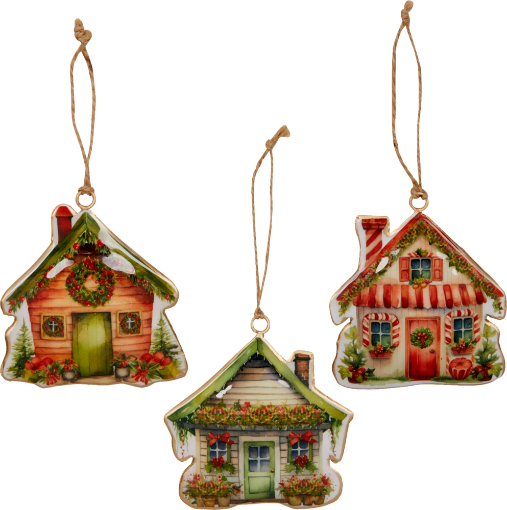Metall-Anhänger Haus - Dekorative Weihnachten Drei festliche, hausförmige Weihnachtsanhänger mit Dekorationen und Aufhängeschlaufen.