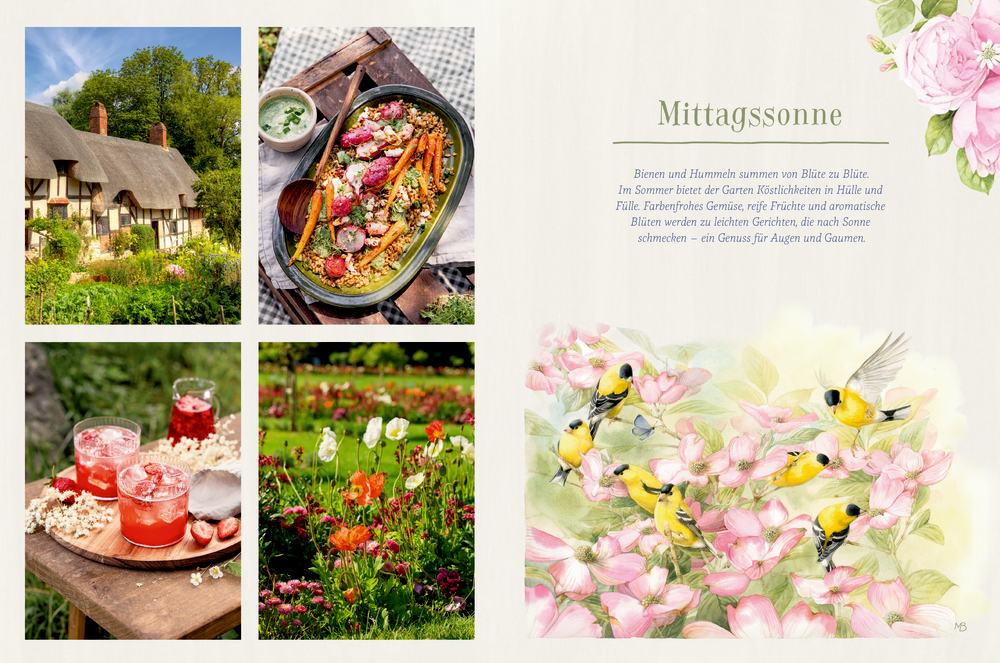 Collage mit einem Cottage, einem bunten Salat, Getränken, Tulpen und gezeichneten gelben Vögeln mit Blumen.