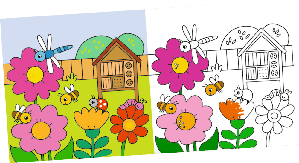 Lebendige Malvorlage von Blumen, Bienen, einer Libelle und einem Käfer in einem Garten mit einem Haus.