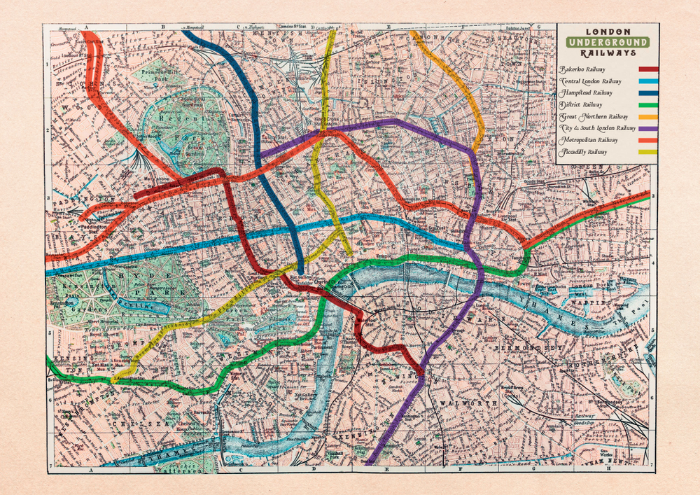 Der alte U-Bahn-Plan von London weist farbige Linien und eine beschriftete Legende in der oberen rechten Ecke auf.