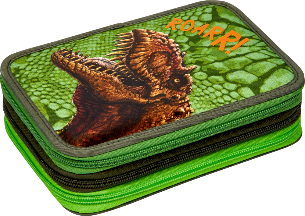 3-fach Federmäppchen - T-Rex World Grünes Federmäppchen mit einer Dinosaurierillustration und dem Wort „ROARR!“ auf dem Deckel.