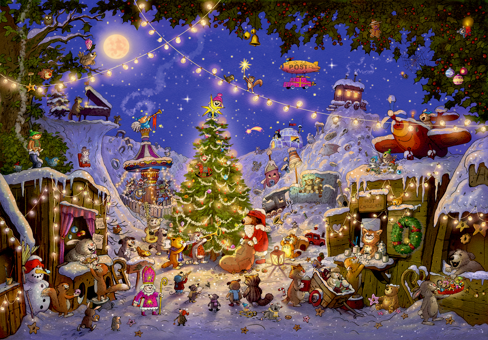 Tierfiguren feiern bei Nacht auf einem verschneiten Weihnachtsmarkt mit geschmücktem Baum, Lichtern und festlicher Dekoration.