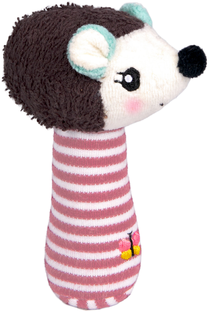 Stoffrassel in Igel-Form mit braunem Kopf und rosa-weiß gestreiftem Körper, kleine Stickerei am unteren Rand.