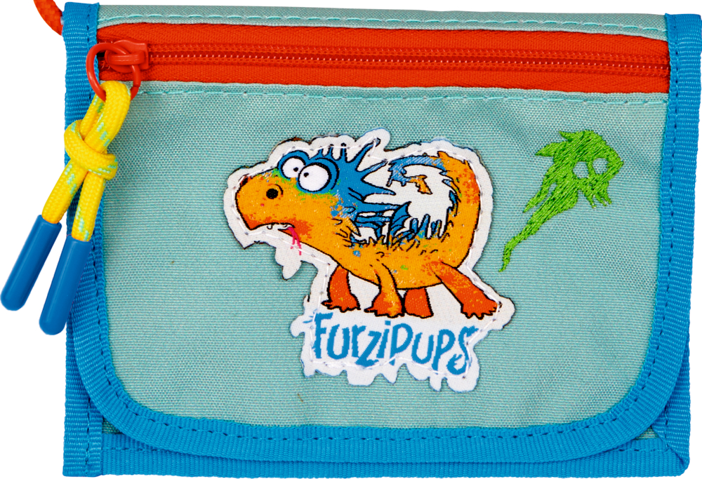 Blaue Geldbörse mit orangefarbenem Reißverschluss, lustiger Drachen-Illustration und „Fuzzipups“-Aufdruck auf der Vorderseite.