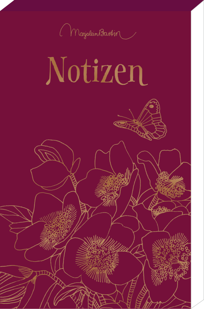 Weinroter Notizblöckchen-Umschlag mit goldenen Blumenmustern, einem Schmetterling und „Notizen“ in goldenen Buchstaben.