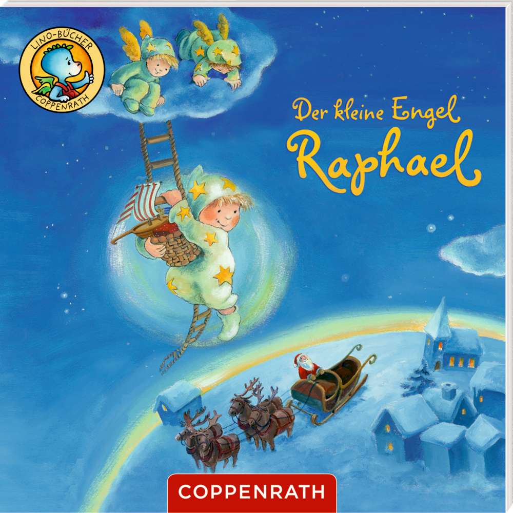 Auf dem Cover "Der kleine Engel Raphael"ist ein lächelnder Engel der von einer Wolke herabsteigt abgebildet, während der Weihnachtsmann nachts auf Rentieren über ein Dorf reitet.