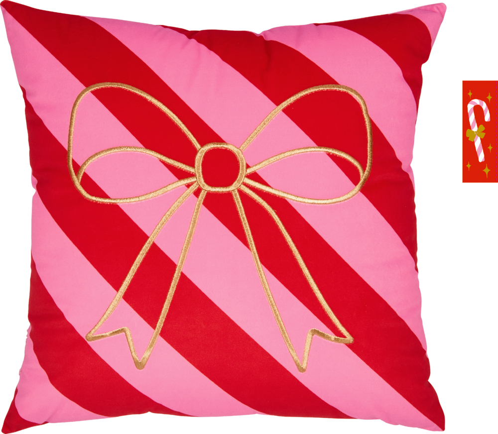 Quadratisches Kissen mit pink-rot diagonalen Streifen und aufgestickter goldener Schleife in der Mitte.
