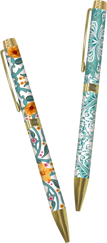 Zwei Stifte mit goldfarbenen Akzenten und floralen, türkisfarbenen und orangefarbenen Mustern auf dem Schaft.