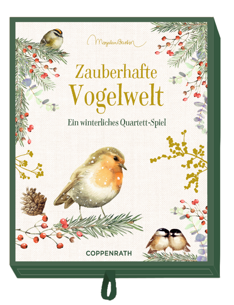 Boxcover von „Zauberhafte Vogelwelt“ mit Vogelillustrationen und Winterlaub.