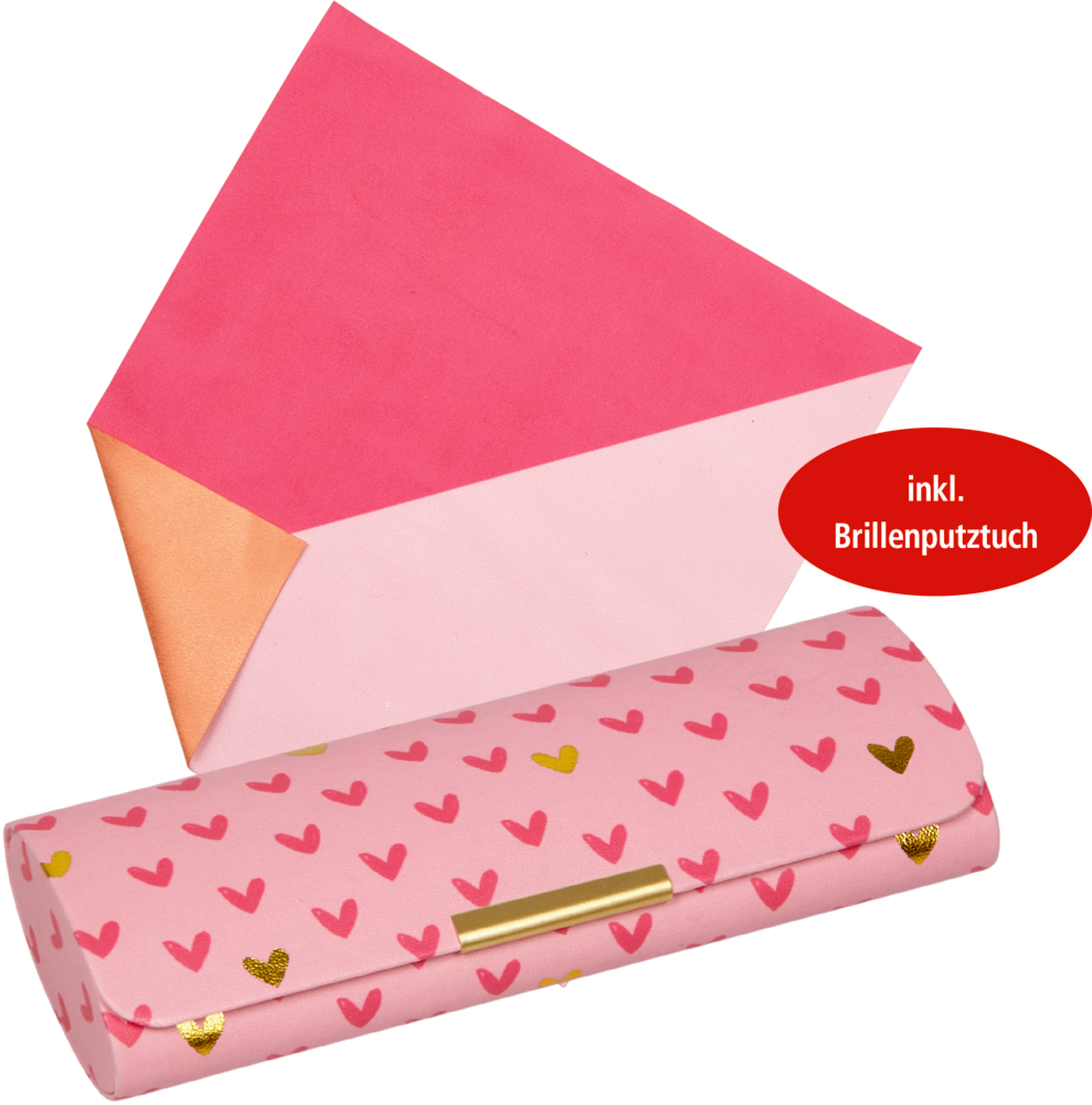 Brillenetui mit Putztuch - Herzchen Rosa Brillenetui mit goldenen und roten Herzen, dazu ein passendes rosa Reinigungstuch.