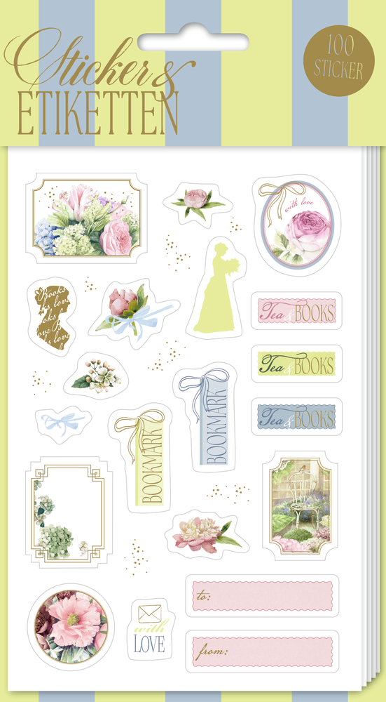 Bogen mit floralen Aufklebern: Blumen, Silhouette und beschriftbare Etiketten.