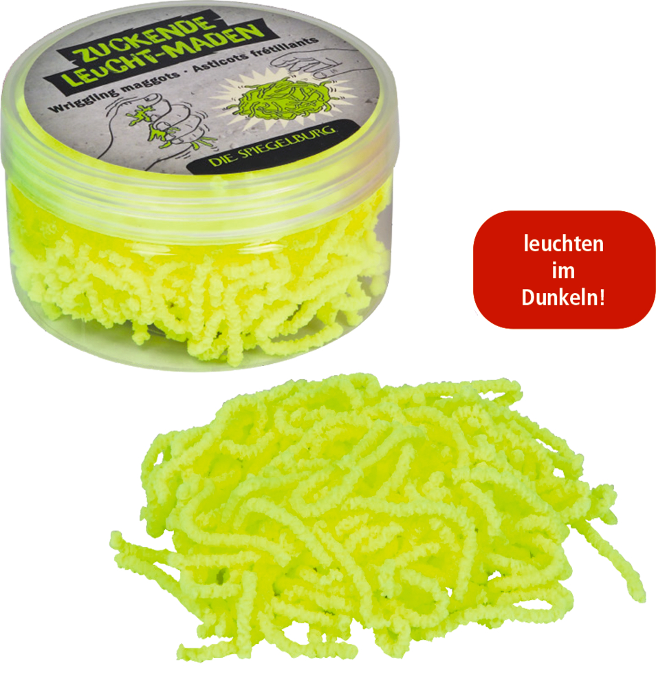 Durchsichtige Dose mit gelben, wurmförmigen Kunststoffteilen und ein Haufen derselben Teile davor.